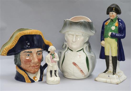 A Napoleon jug, a Royal Doulton Lord Nelson jug and two Staffordshire figures of Napoleon